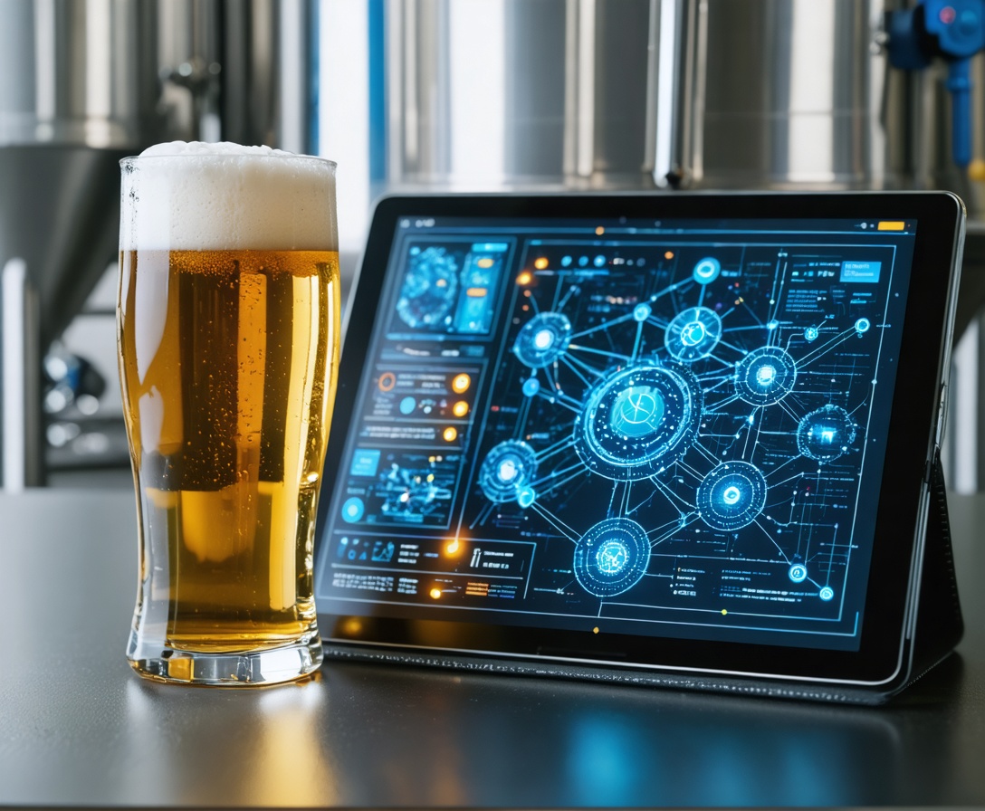 Eine Nahaufnahme eines Bieres neben einem Tablet mit KI-Analysedaten