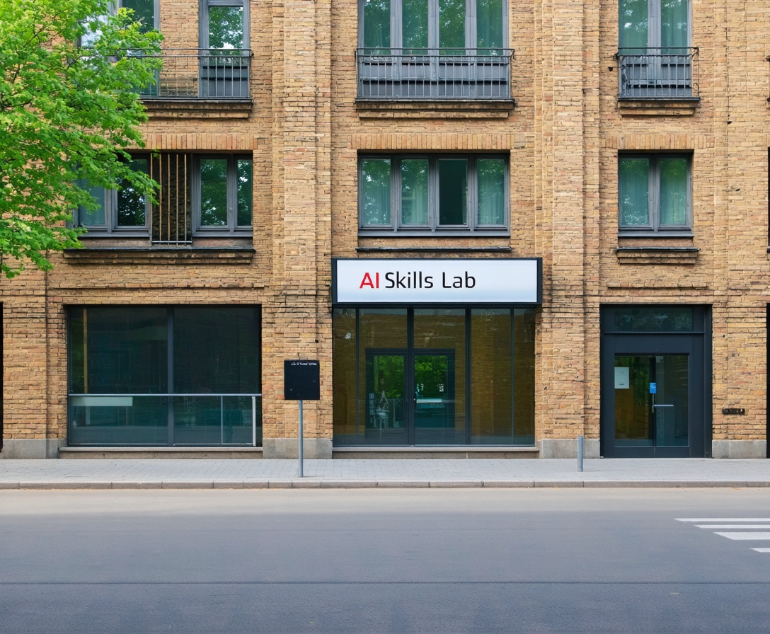 Das Außengebäude des AI Skills Lab in Berlin, ein klassisches Backsteingebäude mit modernen Elementen