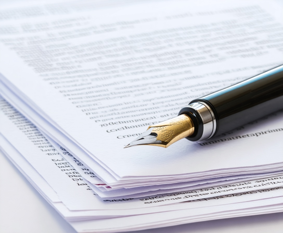 Ein Füllfederhalter auf Stapeln von rechtlichen Dokumenten