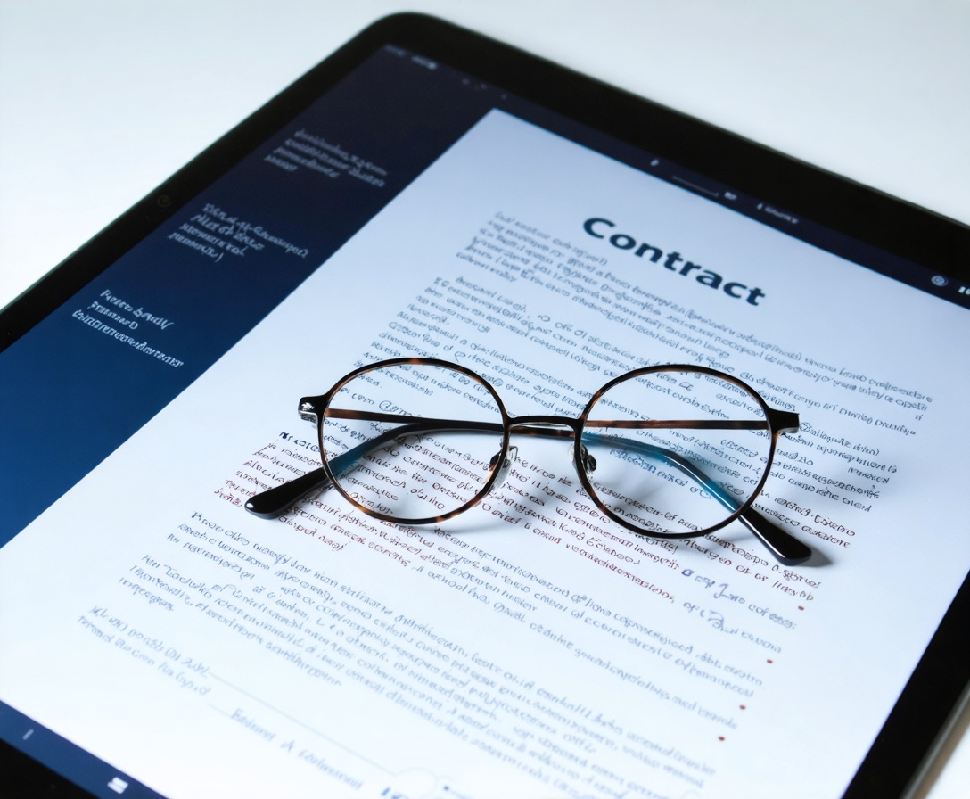 Ein unterzeichneter Vertrag auf einem digitalen Tablet mit Brille